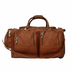 Piel Leather Duffel With Pockets On Wheels Assorted Colors -US Suitcase Sales 2024 DUFFEL WITH POCKETS ON WHEELS saddle front